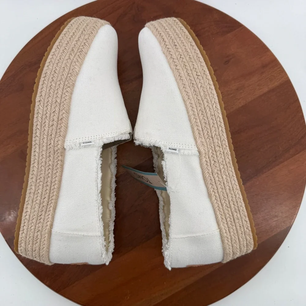 TOMS Valencia Platform Espadrille White Canvas Frayed Slip On Women Size 12